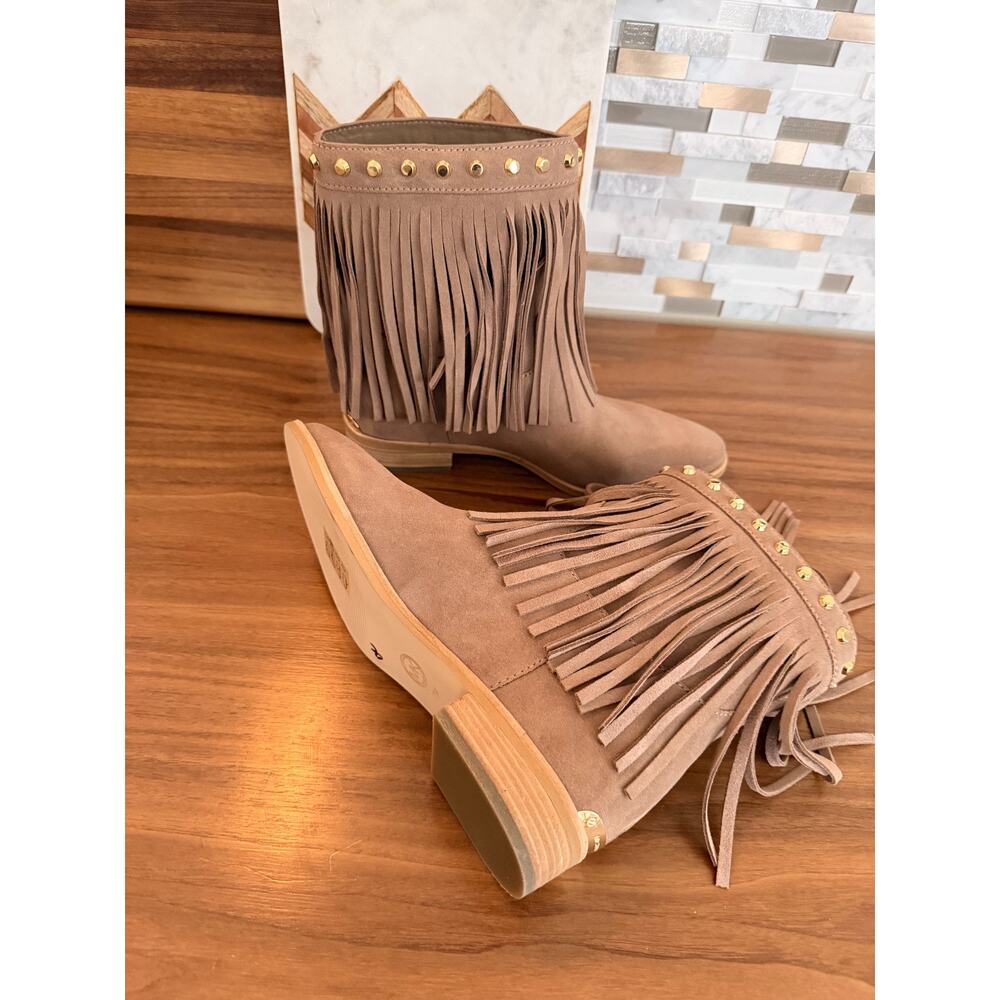 Michael Kors Women's Suede Fringe Ankle Boots Taupe Studded Boho Western - Picture 7 of 8